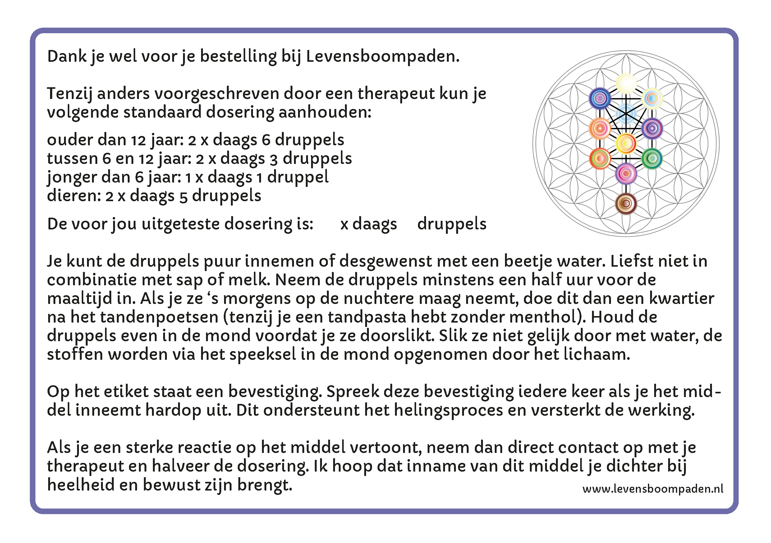 Briefje met dosering middel Levensboompad